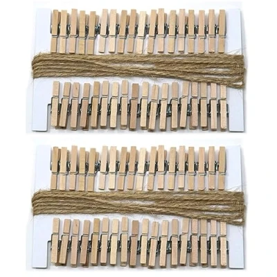 Image of fiXte Miniature Wooden Pegs Ideal for Crafts, Food Labels, DIY Decorations, Paper Craft, Photo Clips Includes 2m of String (Pack 72)