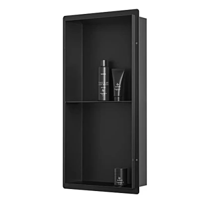 Image of Bernkot Shower Recess 304 Stainless Steel 60 x 30 10 cm Wall Anchor Rimless Double Shelf for Bathroom No Tile Required Black