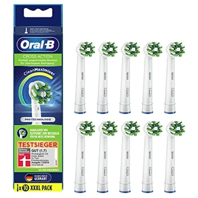 Image of Oral B CrossAction Electric Toothbrush Heads Pack of 10 Holistic Mouth Cleaning with CleanMaximiser Bristles Attachment for Toothbrushes