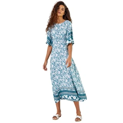 Image of Roman Originals Floral Border Print Midi Dress for Women UK Ladies Everyday Holiday Spring Summer Round Neckline Comfy Soft Evening Vacation Work Party Light Blue Size 12