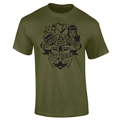 Image of Flip Mens Stewed Screwed and Tattooed Traditional Tattoo T Shirt Khaki (M)