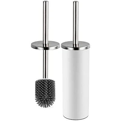 Image of Bingobang Toilet Brush and Holder,Stainless Steel Lid Handle,Silicone Deep Cleaner Brushes with Quick Drying Holder Set for Bathroom Toilet(White)
