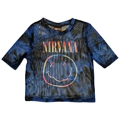 Image of Nirvana Mesh Crop Top T Shirt Pastel Smile Band Logo Official Womens Blue M