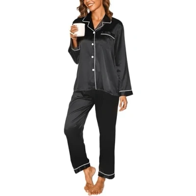 Image of Reliwel Women&#039;s Pyjama Set Silk Satin Long Sleeve Button Down Ladies Pyjamas two Piece Pjs for Women Sets Sleepwear Loungewear Nightwear Fall Winter S XXL Black