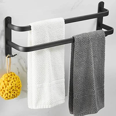 Image of Bathroom Towel Holder 50 cm, Rack Black Matt Rail with Three Rails and Hook Design, Wall, No Drilling Required