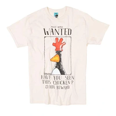 Image of TruffleShuffle Mens Wallace and Gromit Feathers McGraw Wanted Poster Ecru T Shirt, M, White/Off White