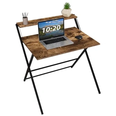 Image of Vida Designs Folding Desk 82cm No Assembly Computer With Shelf Modern Space Saving Writing, Study, PC Table for Home Office (Dark Wood)