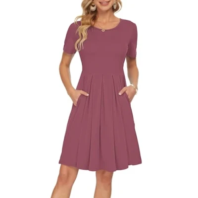 Image of AUSELILY Women&#039;s Short Sleeve Pleated Loose Swing Casual Dress with Pockets Knee Length Mauve S