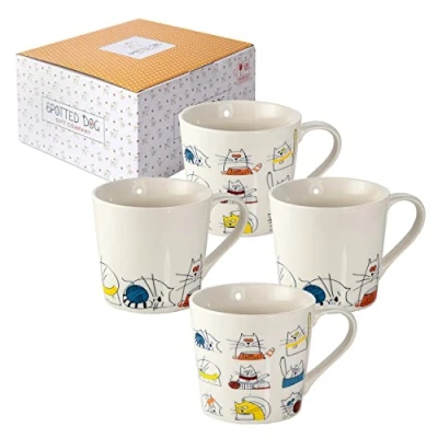 Image of SPOTTED DOG GIFT COMPANY Cat Mugs, Coffee Mug Set of 4, Cute Funny Cats Themed Ceramic Porcelain China Tea Cups, Gifts for Lovers and Animal Women Men Kids, 380ml / 13oz