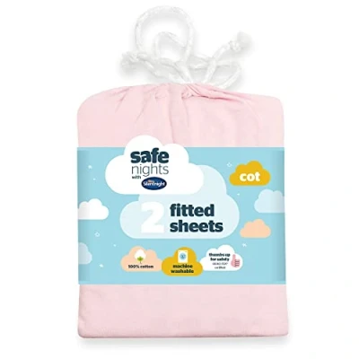 Image of Silentnight Safe Nights Cot Size Fitted Sheets Set 100% Jersey Cotton Bedside Compatible Pack of Two Pink Easy Care Super Soft Cuddly for Baby with Storage Bag (70cm x140cm x 12cm)