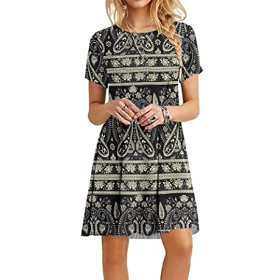 Image of MOLERANI Summer Dresses for Women UK Casual T Shirt Dress Short Sleeve Ladies Beach (XL, Boho Floral Black)