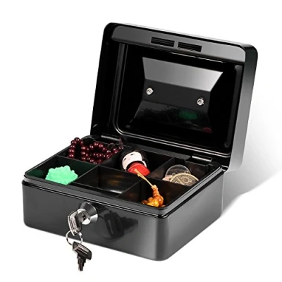 Image of DEWIN Money Box with Key, Metal Cash Lockable Tin Mini Petty Coin Safe Security Tray Household, Black