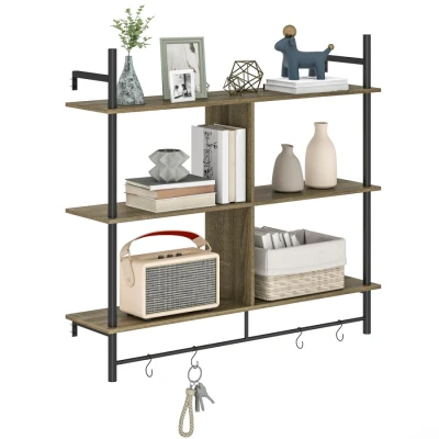 Image of HOMCOM Wall Mounted Floating Shelves with 4 Hooks, Rustic for Living Room, Entryway, Grey Wood Effect