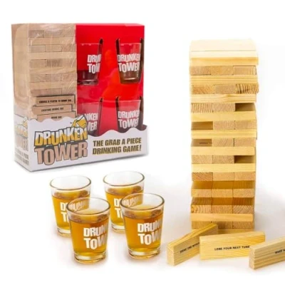Image of Original Drunken Tower Infernal with Tows Premium Quality 60 Wooden Blocks 4 Shot Glasses Drinking Game Aperitif Party OriginalCup®…
