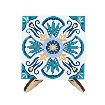 Image of Greek Tile Coaster Set Square Glass Mediterranean Design of Four (4) Coasters &amp; Wood Effect Stand