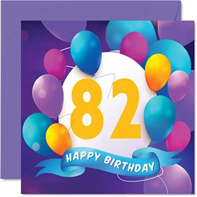 Image of 82nd Birthday Card for Men Women Balloon Party Happy Cards 82 Year Old Man Woman Great Grandad Grandpa Grandma Gran Nan Nanny Mum Dad, 145mm x Bday Greeting Gift