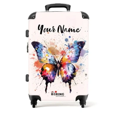 Image of NoBoringSuitcases.com® Children&#039;s Luggage Kids Suitcase for Girls Personalised Large Hard Shell on Wheels Butterfly Watercolour Design 26 28 inch 23kg