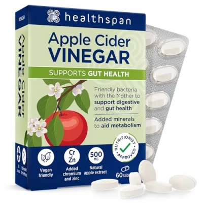 Image of Healthspan Apple Cider Vinegar 500mg Friendly Bacteria Metabolism Support Added Zinc &amp; Chromium Vegan (60 Tablets)