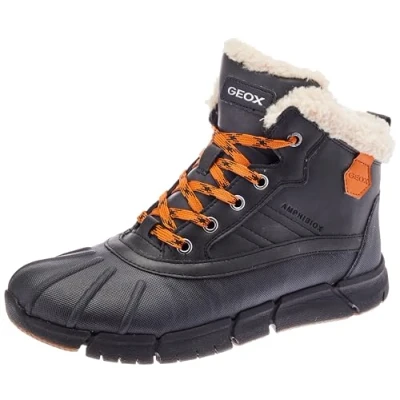 Image of Geox Flexyper BOY ABX Laceup ankle boots for kids, Size: 6.5, Black/orange Synthetics/textile