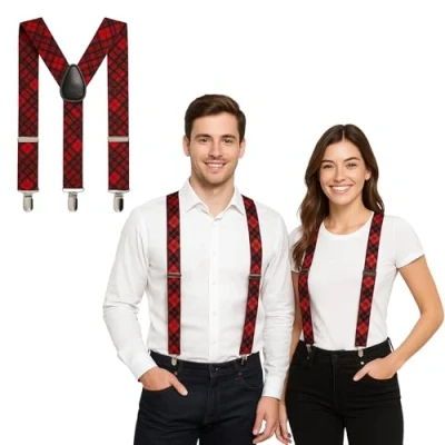Image of FNA Fashions Mens Ladies Unisex Adjustable Slim Braces Trouser Suspenders Clip On Fancy Dress (Red Tartan)