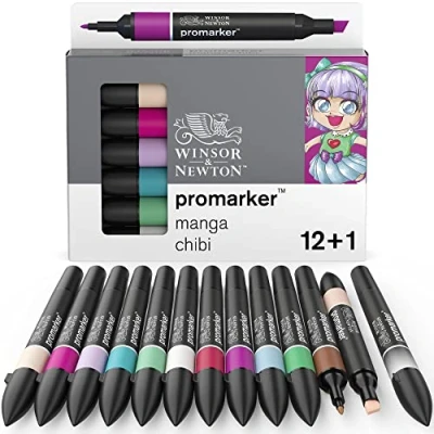 Image of Winsor &amp; Newton, Promarker, Manga Chibi, Set of 12+1 Blender, Alcohol Based Dual Tip Markers