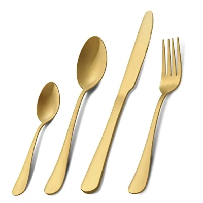 Image of Cutlery Set, Pleafind 32 Piece Matte Gold Service for 8, Stainless Steel Flatware Set Include Knife Fork Spoon, Silverware Dishwasher Safe