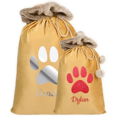 Image of Personalised Velvet Santa Stocking Sack with Luxury Fur Trim Paws Christmas Delivery