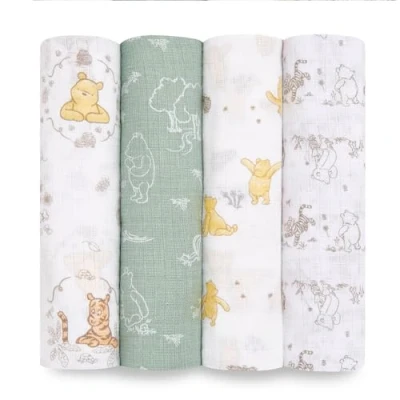 Image of aden + anais essentials 100% Cotton Muslin Swaddle &amp; Receiving Blanket for Baby Girls Boys, 112x112cm, Newborn Swaddling Set, Infant Toddler Shower Gift, 4 Pack, winnie friends