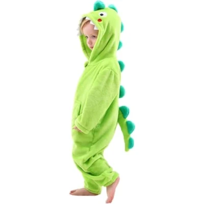 Image of LOLANTA Unisex Kids Dinosaur Costume, One Piece Hooded Flannel Jumpsuit Halloween Fancy Dress, Green, 6 7 Years,Tag L