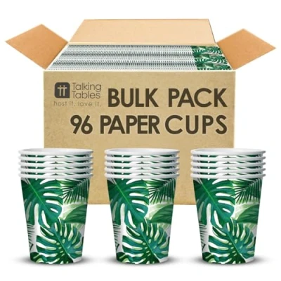 Image of Talking Tables 96 x Bulk Pack Tropical Disposable Paper Party Cups Home Recyclable, Eco Friendly, Summer Garden, Kids Birthday, Jungle, Hawaiian, Fiesta Themed BBQ (250ml/9oz)