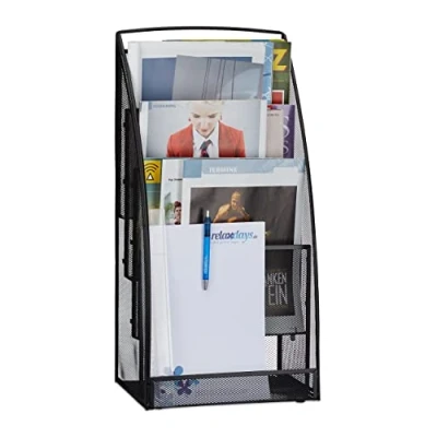 Image of Relaxdays Large Metal Magazine Rack, 4 Compartments, Modern Newspaper Stand, Waiting Room, Office, HWD 60x30x22 cm, Black
