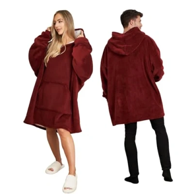 Image of Sienna Hoodie Blanket Oversized Ultra Soft Plush Sherpa Fleece Wearable Throw Cosy Giant Warm Sweatshirt Burgundy