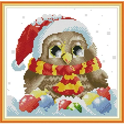 Image of Cross Stitch Kits Stamped, OWN4B Christmas Owl 2 Printed Pattern 11CT 12.6x11.4 inch DIY Embroidery Kit (Christmas)