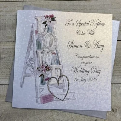 Image of PERSONALISED WEDDING CARD. ANY RELATION. NEPHEW &amp; WIFE. LOVE LADDER DESIGN. Handmade by White Cotton Cards. (P22 19 NEP XP22 NEP)