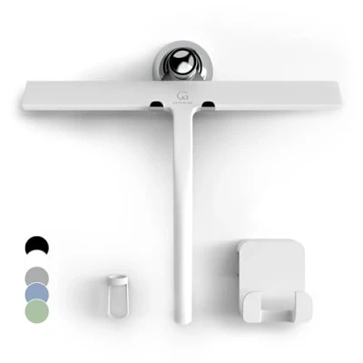 Image of GÜTEWERK shower squeegee white 11 in incl. chrome suction cup hook stainless steel core silicone rubber squeegees for bathroom cleaning window screen wiper cleaner glass scraper blade showers