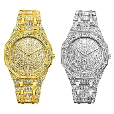 Image of JewelryWe Men Women Iced Out Watches Gold Tone Quartz Watch Stylish Rhinestone Business Casual Dress Wristwatches for Halloween