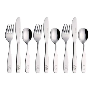 Image of Exzact Childrens Cutlery 9pcs Set Stainless Steel Kid Cutlery/Todler Silverware 3 x Forks, Safe Dinnerknives, Dinner Spoons Dog Cat Bunny Design