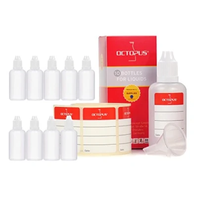 Image of Octopus 10 x 50 ml dropper bottles for dosing liquids, e eye drops, empty LDPE plastic transparent, with white dripping caps, child safety lock, incl. labels