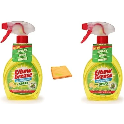 Image of Elbow Grease Lemon Fresh Washing Up Spray 500ml Power Degreaser Cleaner for Glasses, Pans, and Plates Scented Formula Includes 2 Karrma Microfiber Cloths