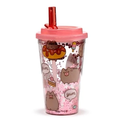 Image of Puckator Shatterproof Pusheen Foodie Double Walled Cup &amp; Straw Insulated Tumbler Cups with Lids and Straws for Adults Children Travel Thermal Water Bottles Staw