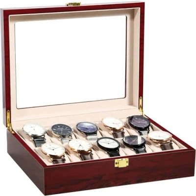 Image of Uten Watch Box 10 Slots, High Quality Solid Wood Case, Display Storage with Glass Lid, Removable Pillows, Metal Clasp, Claimond Veins Lining, Gift Idea for Men and Women