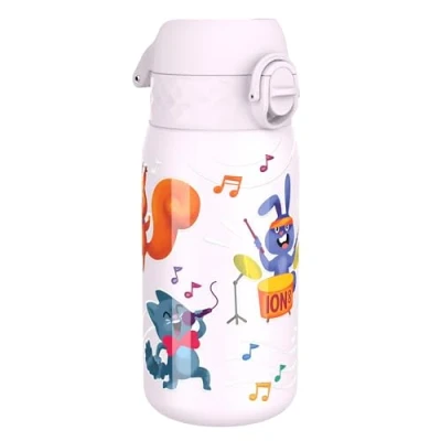 Image of Ion8 Stainless Steel Water Bottle (350ml) Leakproof Drinking Bottle, Triple Lock Lid Prevent Spills &amp; Hide Away Handle, Dishwasher Safe Straw Compatible, Slimline Design for Backpacks, Animal Band