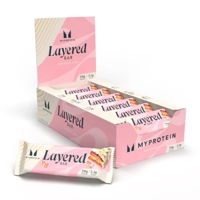Image of MyProtein Layered Protein Bar Vanilla Birthday Cake Flavor 20g Protein, Low Sugar &amp; High Fibre 12 x 60g Bars