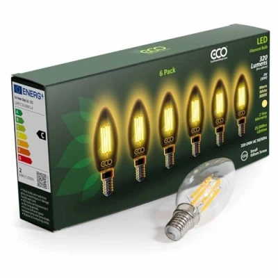 Image of ECO 6X 30W Equivalent 2W LED Filament Candle Light Bulbs, 320 Lumens, Warm White 3000K, E14 SES Small Edison Screw, 25,000hrs Lifetime. (6X Bulb Pack).