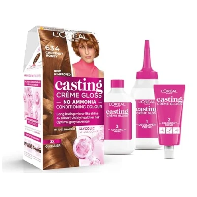 Image of L&#039;Oreal Paris Casting Creme Gloss semi permanent hair dye, Blends away grey leaving a radiant colour, Brown 634 Chestnut Honey Brown, 1 Count (Pack of 1)
