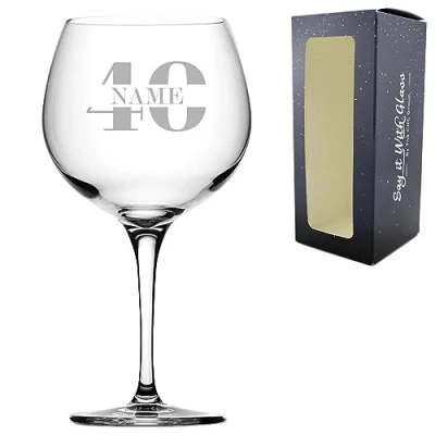 Image of Personalised Engraved Primeur Gin Balloon Cocktail Glass with Name in 40 Design, Personalise Any Name, Gift Box Included, Laser Engraved, 40th Birthday