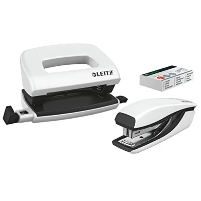 Image of Leitz 55612001 Mini Stapler and Hole Punch Set, Staple or Up to 10 Sheets, Includes P2 N10 Staples, WOW Range, Pearl White