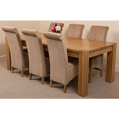 Image of Oak FURNITURE KING Kuba 220 x 100 cm Large Chunky Dining Table and 6 Chairs Set with Montana Beige Fabric