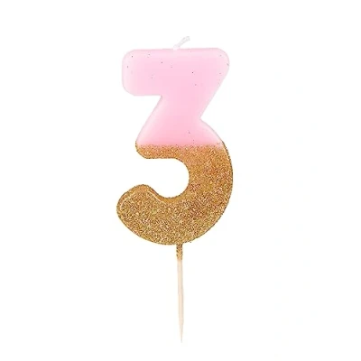 Image of Talking Tables Bday Pink Number 3 Three Candle with Gold Glitter Premium Quality Cake Topper Decoration Pretty, Sparkly for Kids, Adults, 30th Birthday Party, Anniversary, Milestone Age, Wax