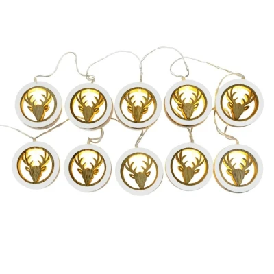 Image of Mr Crimbo 10 Warm White LED Reindeer Wooden Christmas Xmas Fairy String Indoor Home Room Battery Operated Lights